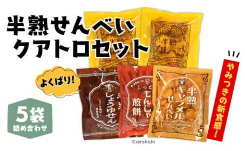 半熟せんべい 5袋詰合せ クアトロセット 半熟カレーせん 半生しょうゆせん 半熟もんじゃ煎餅 半熟キャラメルせんべい カレー味 かつおだし 甘辛ソース 新食感 もんじゃ ぬれせんべい せんべい 煎餅 煎餅屋仙七 [AO008sa]
