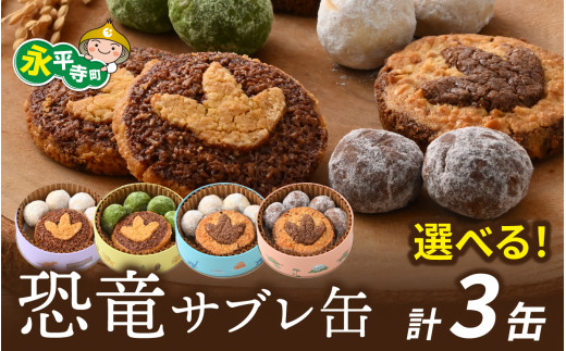 恐竜サブレ缶（小）選べるクッキー缶3個/ 恐竜 サブレ お菓子 クッキー 米粉 おかし 洋菓子 詰め合わせ デザート 人気 おすすめ 永平寺 福井 福井県 坐禅 恐竜 北陸 [B-026039]