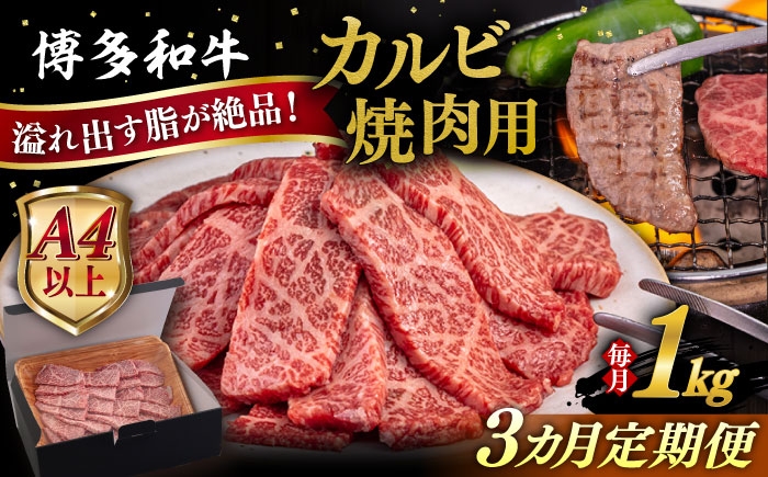 
            【全3回定期便】【A4/A5等級】博多和牛 カルビ 焼肉用 1kg 糸島市 / ヒサダヤフーズ 黒毛和牛 牛肉 焼き肉 雌牛 [AIA105]
          