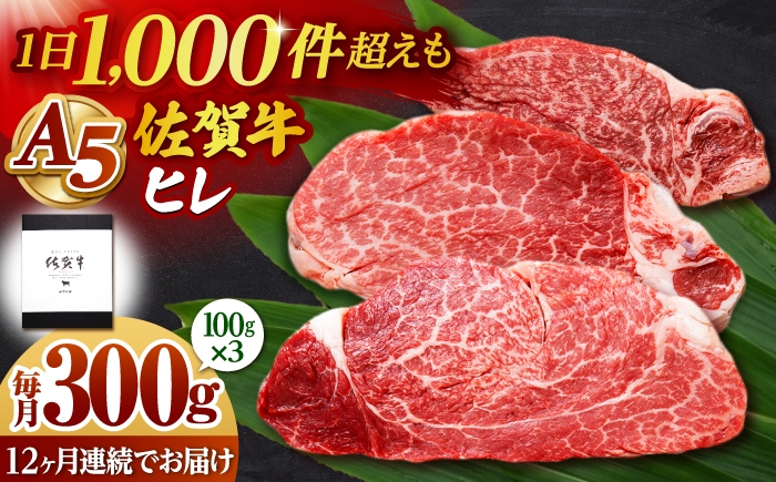 
                  【全12回定期便】佐賀牛 ヒレステーキ 300g （100g×3枚） 【山下牛舎】黒毛和牛 フィレ ヒレ肉 [HAD176]
                
