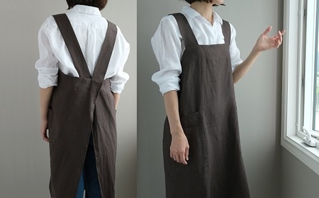 CD-11.【着心地の良い】バッククロス エプロンとキッチンクロスの2点セット／Brown（ブラウン）・White（ホワイト）