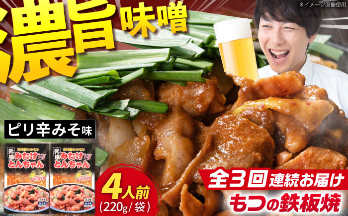 
                  【3回定期便】岐阜県産豚もつの鉄板焼き「元祖みたけとんちゃん」ピリ辛みそ味（4人前） / モツ もつ 白もつ ホルモン / 御嵩町 / 藤よし [AVAA024]
                