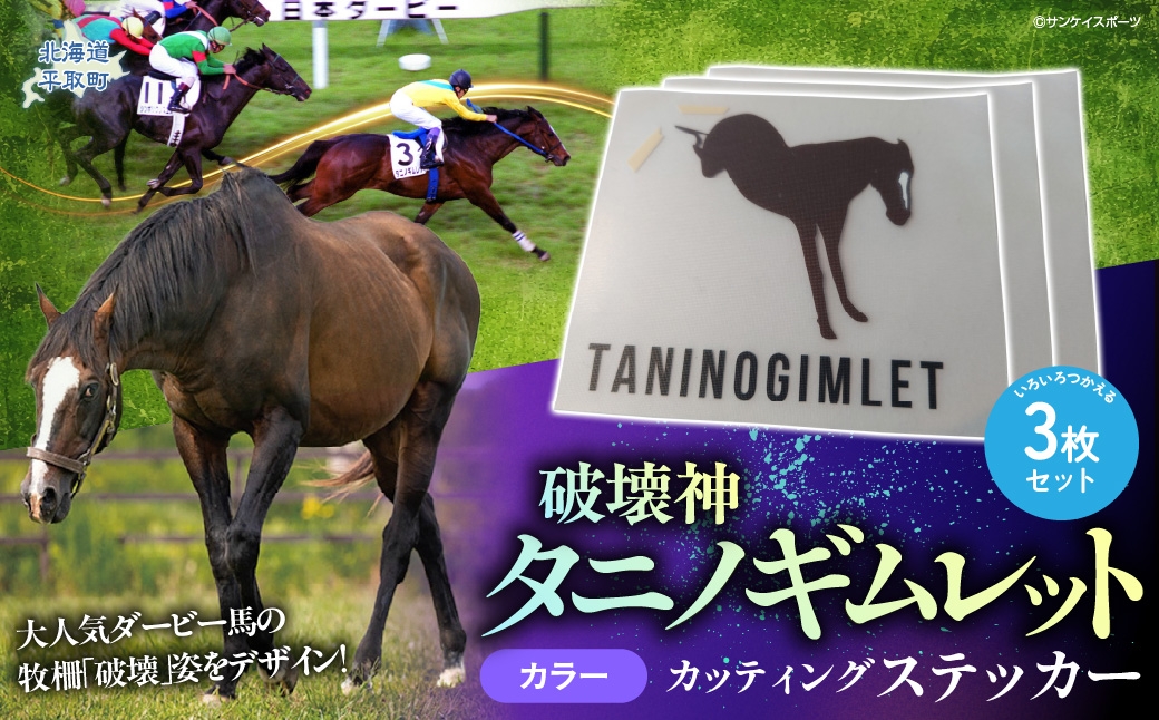 
                  【破壊神タニノギムレット】カッティングステッカー（カラー）3枚入り 【 ふるさと納税 人気 おすすめ ランキング 馬 競馬 競走馬 引退馬 タニノギムレット ステッカー シール カッティングステッカー 日用品 日高 北海道 平取町 びらとり 送料無料 】 BRTV113
                