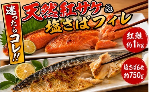 
                  迷ったらコレ！！魚鶴商店の天然紅サケ１ｋｇ & 塩さばフィレ６枚セット【uot744C-1】
                