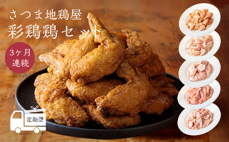 【定期便3ヶ月】さつま地鶏屋彩鶏鶏セット 国産チキンのバラエティ豊かな味付き肉詰め合わせ [一人暮らし 味付きチキン 手羽先 若鶏モモ肉 むね肩肉 ハラミ 小肉 小分け さつま地鶏屋] TF0443