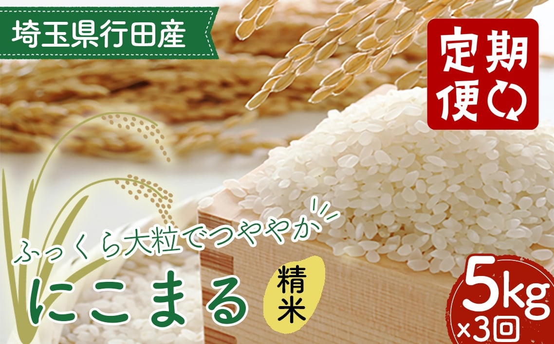 
                  【3カ月連続定期便】埼玉県行田産にこまる（精米）5kg×3回 ／ 定期購入 定期的 毎月届く 毎月配送 にこまる 白米 精米 5kg 特別栽培米 大粒 米 甘み 粘り 精米したて 冷めても美味しい お弁当 おにぎり 毎日食べる米 粒立ち 埼玉県 No.521
                