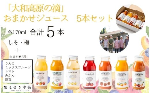 ほせき本舗　「大和高原の滴」おまかせジュース5本セット ジュース しそ 梅 プレミアムトマト 野菜 みかん りんご ミックスフルーツ フルーツ プレゼント 贈答品 一般社団法人針ケ別所未来開発 奈良県 奈良市 なら hbk001