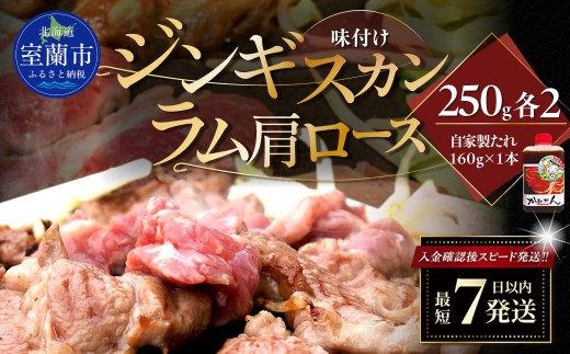 味付けジンギスカン250g×2 ラム肩ロース250×2 セット 【 ふるさと納税 人気 おすすめ ランキング 訳あり ラムチョップ ラム ジンギスカン 味付き 仔羊 羊肉 肉 肉厚 BBQ 焼肉 セット 大容量 詰合せ  北海道 室蘭市 送料無料 】 MROA053