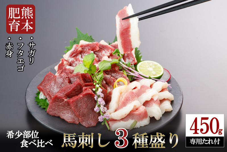
            【阿蘇牧場】熊本肥育 熊本と畜 新鮮 馬刺し 阿蘇 熊本 赤身 上赤身 サガリ フタエゴ 小分け 馬肉 3種 詰め合わせ 選べる内容量 450g 専用醤油 タレ ショウガ付き 真空パック 老舗専門店 ギフト 贈答用 記念日 小国町
          