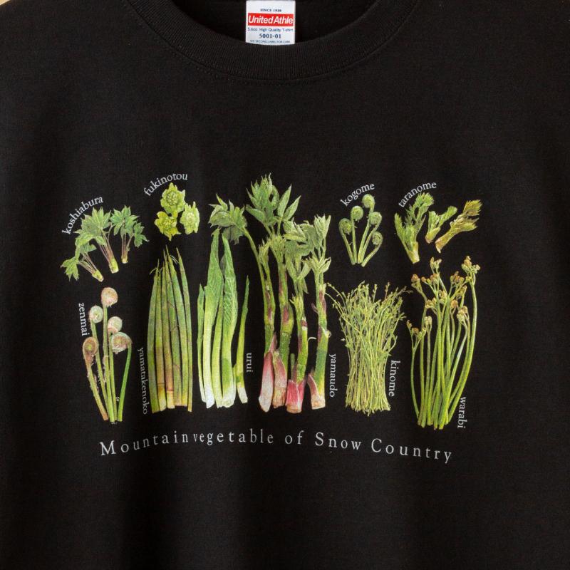 世界で唯一!着る山菜!!【山菜図鑑Tシャツ・黒】綿100%　Mサイズ