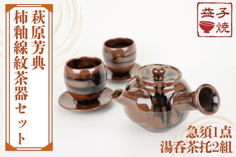 AT012　益子焼　萩原芳典　柿釉線紋茶器セット