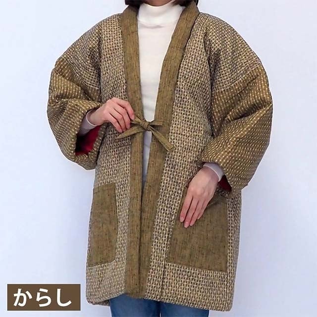 綿入れ 半纏 雪あかり柄【エンジ・からし・紺】 はんてん 織物 手縫い