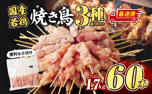 【最速便】若鶏の焼き鳥3種(60本)盛り合わせ_M146-013-2W