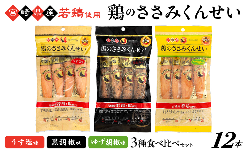 鶏のささみくんせい 3種食べ比べ 12本セット ＜うす塩・黒胡椒・ゆず胡椒 ＞ おつまみ スモーク チキン 燻製【雲海物産】_A0114-156