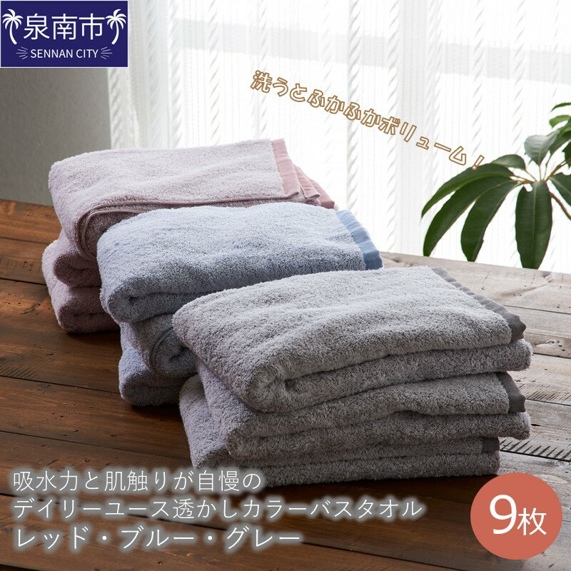 【ふるさと納税】【泉州タオル】吸水力と肌触りが自慢のデイリーユース透かしカラーバスタオル レッド・ブルー・グレー 9枚【配送不可地域：北海道・沖縄・離島】