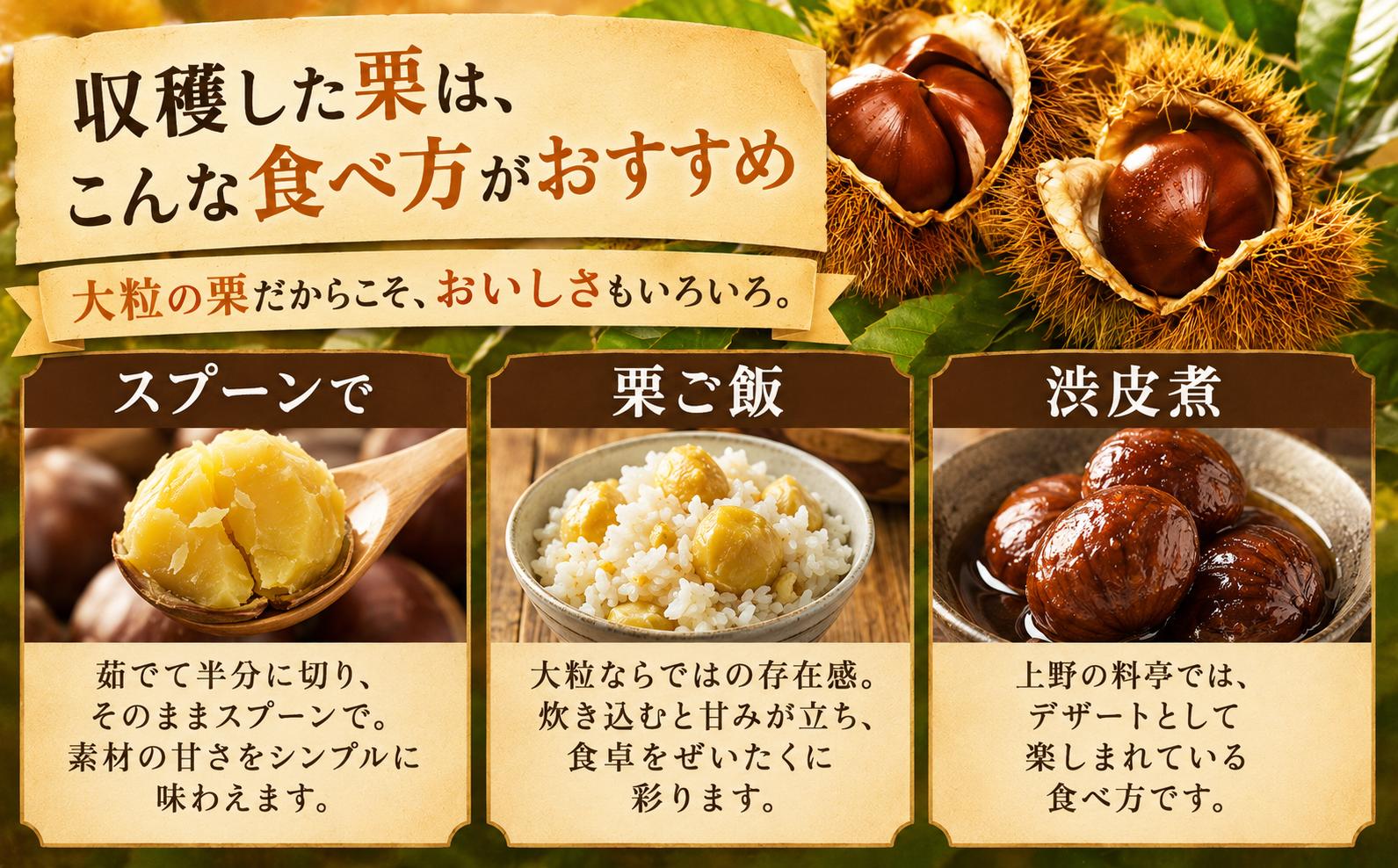 地球にやさしい方法で栽培され、都内料亭にも出荷している生栗を2kgお届けします。
