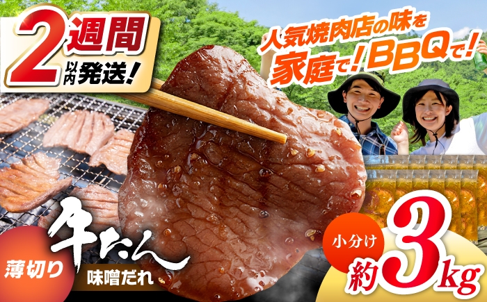 
            薄切り 牛タン 味噌だれ 約250g×12パック 計約3kg 小分け 個包装 味付け タレ たれ 高知県 お肉 牛肉 贅沢 焼き肉 BBQ バーベキュー 訳あり わけあり【焼肉寛十郎】 [ATDO031]
          
