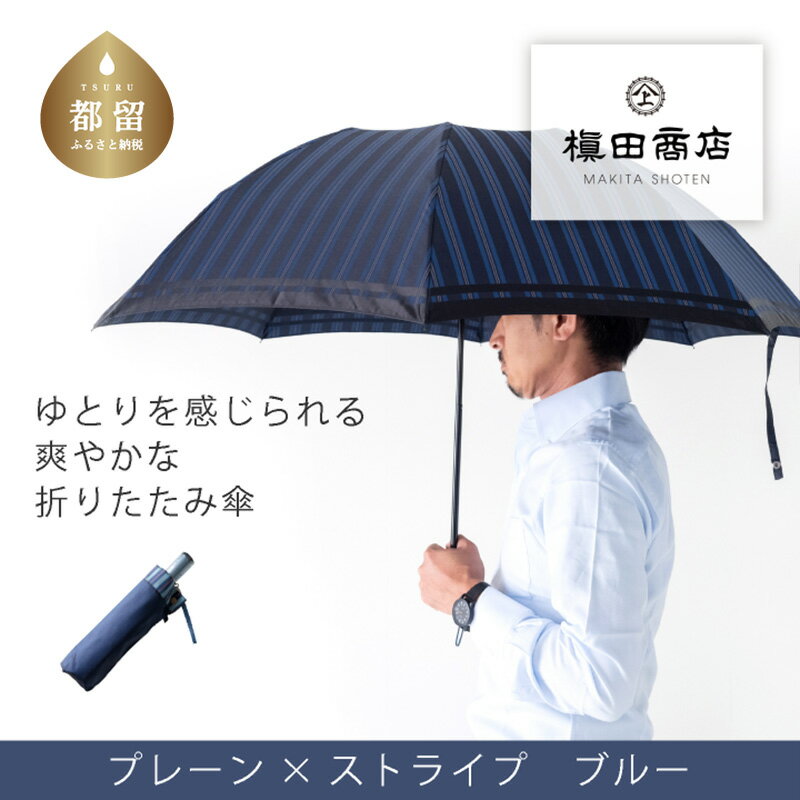 【ふるさと納税】【槙田商店】紳士折たたみ傘　Tie Stripe×Plain　BLUE　|国産 日本製 ギフト 贈り物 父の日 母の日 敬老の日 記念日 送料無料　おしゃれ