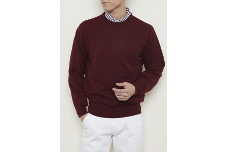 日本製 カシミヤ100% 丸首セーター ワイン Lサイズ [2542]