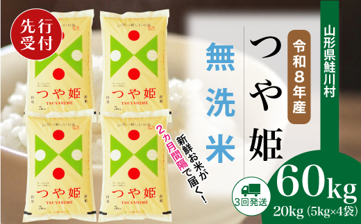 ＜令和8年産米先行受付＞ 山形県産 特別栽培米 つや姫 【無洗米】60kg定期便(20kg×3回)　配送時期指定できます！