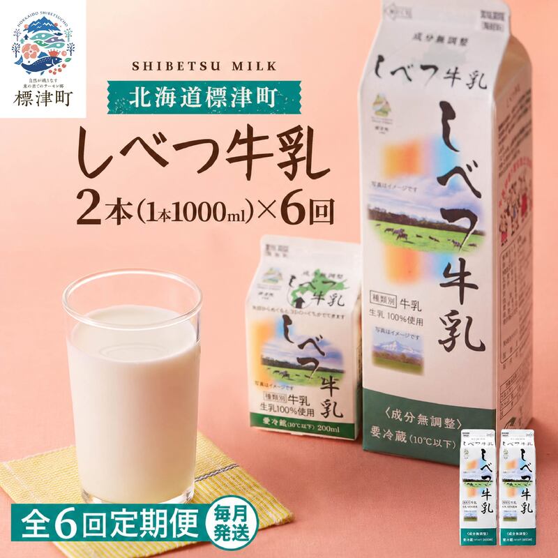 【6回定期便】【毎月2本】 しべつ牛乳 1L × 2本 北海道産 パックミルク 定期便 牛乳 乳製品 生乳 生乳100% 国産 ミルク みるく ぎゅうにゅう 乳 標津 しべつ 成分無調整 無調整 1l 1リットル 健康 朝食 飲料 パック 3万円 台 おすそ分け 給食 グラタン パスタ 北海道 標津町