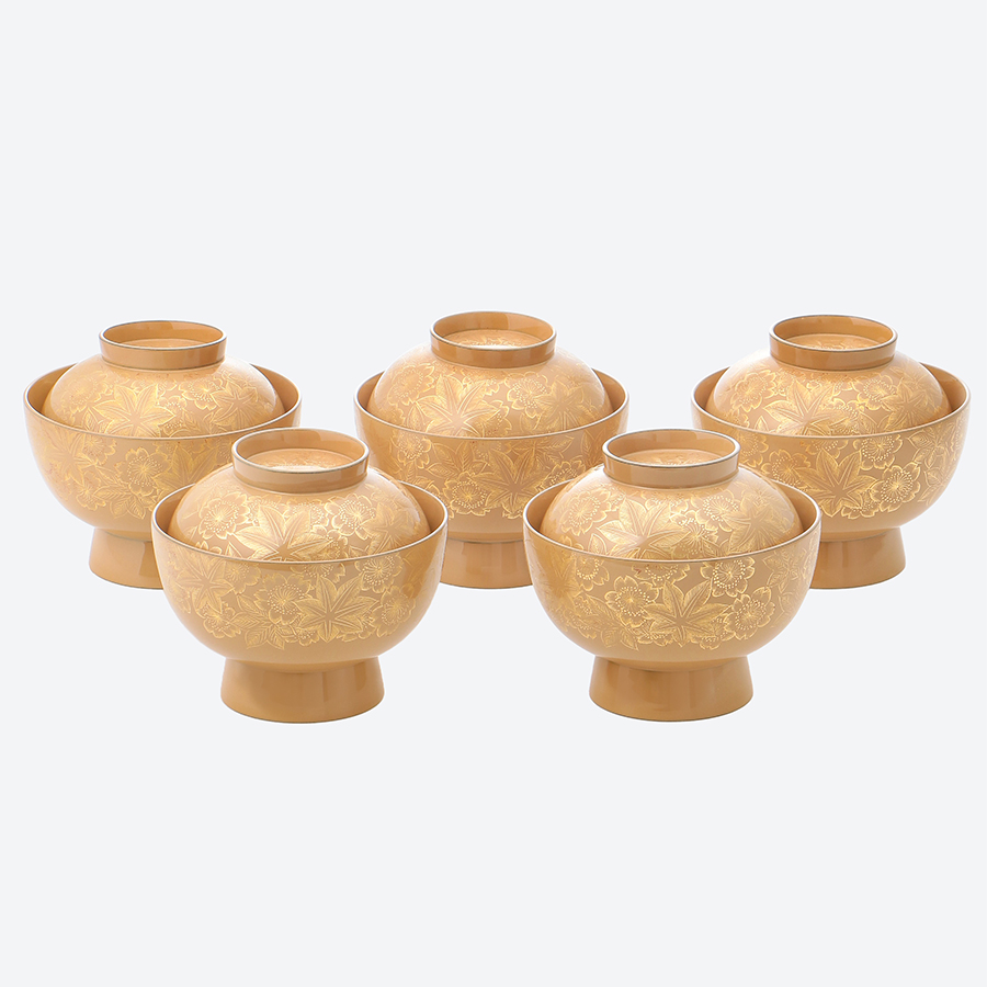＜中島忠平漆器店＞時代椀　春秋彫詰　白×金　5客組