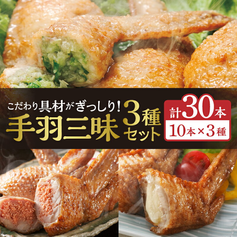 【ふるさと納税】手羽三昧3種セット(手羽先餃子・手羽先明太・手羽先チーズ各10本入り) 手羽先餃子 おススメ おかず お惣菜 惣菜 お弁当 食べ比べ 味比べ 詰め合わせ セット お取り寄せ グルメ 名物 宮崎グルメ 手羽 餃子 宮崎県 宮崎市 送料無料
