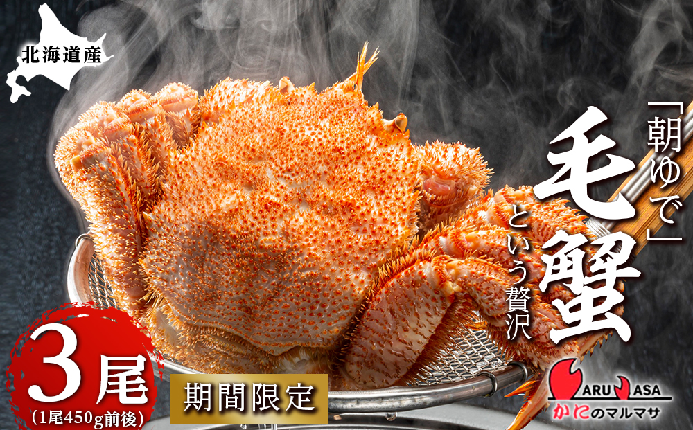 北海道産【朝ゆで】 毛ガニ （450g前後）3尾 期間限定！≪ かにのマルマサ ≫ かに 毛がに カニ 千歳 北海道 海鮮