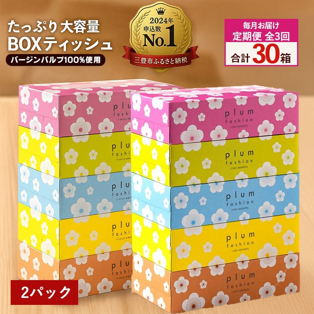 
            【ふるさと納税】 ティッシュ ティッシュペーパー 「 大容量 プラムファッション BOXティッシュ 2パック (ケース10個入り)  定期便 全3回(毎月) 」 [ 常備品 生活用品 まとめ買い 蛍光染料不使用 日用品 日用雑貨 日用消耗品 ]  【配送不可地域：北海道・沖縄県・離島】
          