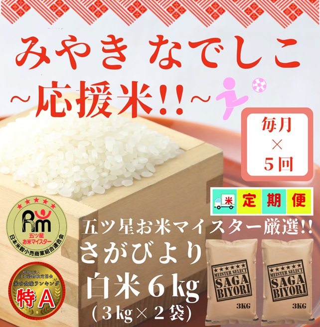 CID62_【みやきなでしこ】応援米【５回定期便】さがびより白米６kg（３kg×２袋） 【五つ星お米マイスター厳選！】