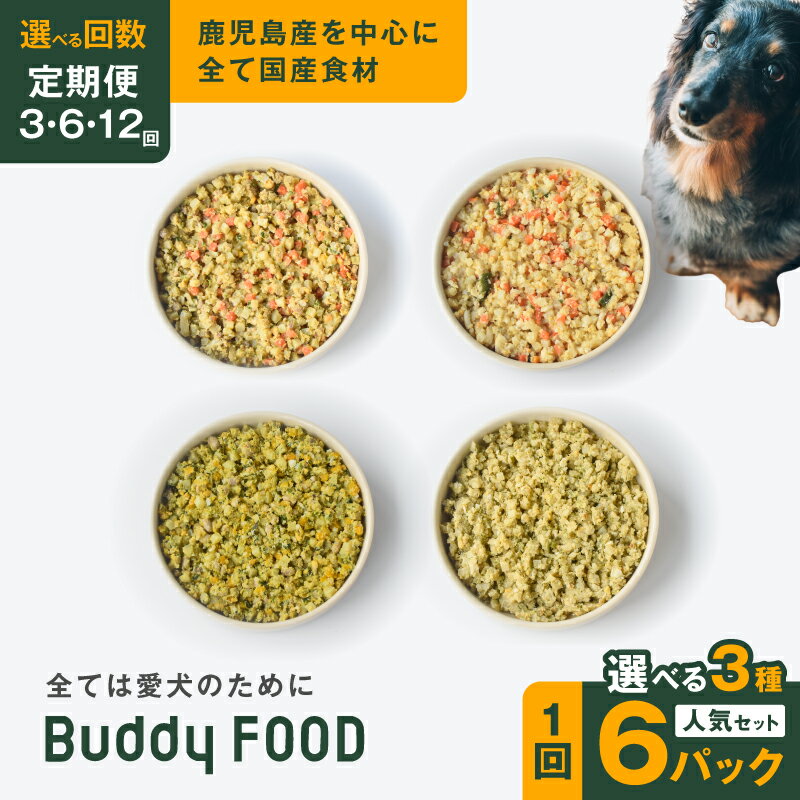 【ふるさと納税】【全3回〜12回 定期便】＜選べる＞Buddy FOOD 人気セット 3種類6パック ペットフード ドッグフード 愛犬 国産 肉 牛肉 黒毛和牛 鶏肉 チキン ササミ レバー 豚肉 鶏むね モモ ハツ 魚 サバ かつお Buddycare 鹿児島 おすすめ ランキング プレゼント ギフト