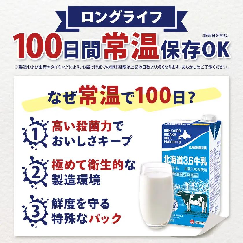 ロングライフ 常温保存可能 北海道 3.6 牛乳 1000ml × 12本 日高乳業《7-14日以内に出荷予定(土日祝除く)》