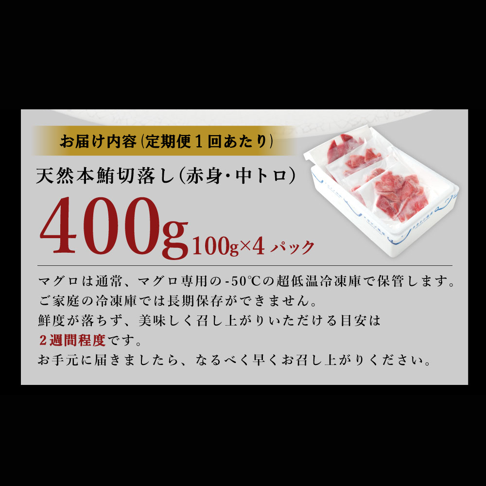 【定期便 / ３ヶ月連続】 天然本マグロ (赤身・中とろ) 切り落とし 合計1.2㎏  (100g×4パック×３回) マグロ 刺身  食べきりサイズ_イメージ5