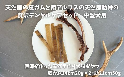 6-82 天然鹿の皮ガムと南アルプスの天然鹿肋骨の贅沢デンタルケアセット中型犬用