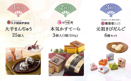【定期便 3回】岡山銘菓 定期便（大手まんぢゅう・廣榮堂 元祖きびだんご・卵娘庵のカステラ）