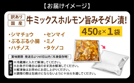 【先行予約】【訳あり】国産 牛 ミックスホルモン 450g × 1袋 シマチョウ・ぷるぷる小腸・ハチノス・センマイ・ミノ・タケノコ 旨みそダレ漬！【2024年4月以降順次発送予定】【 お手軽 冷凍 B