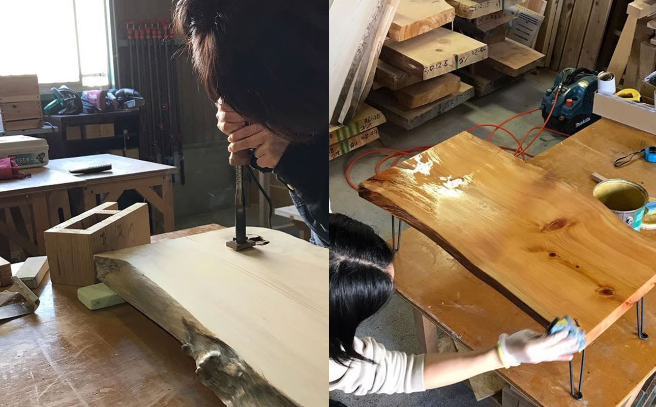徳川御三家紀州藩の伝統を受け継ぐ三重県 尾鷲(オワセ）ヒノキの一枚板でローテーブルを作るワークショップ Mサイズ 長さ600～800×幅250～350×高さ約210mm【家具 インテリア サイドテーブ