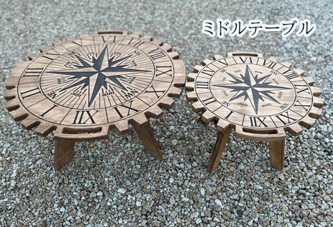 【チーク】ミドルテーブル コンパス（1台）【専用袋付き】（幅 600mm×奥行 600mm×高さ 400mm）机 テーブル 彫刻 キャンプ コンパクト 木目 軽量 組み立て アウトドア 台 【93-4