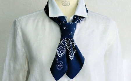 【洗える】 シルクスカーフ 小判 浜ちりめんシルク100% ネイビー/クロス柄 滋賀県長浜市/有限会社吉正織物工場[AQDQ006]