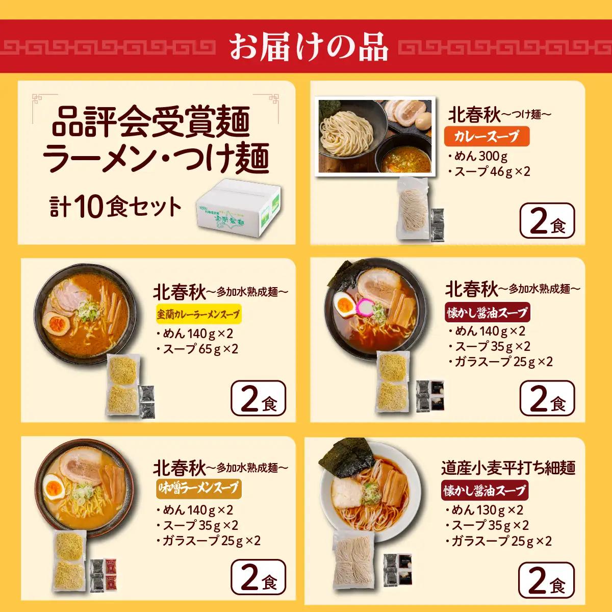 【品評会受賞麺】ラーメン・つけ麺 計１０食セット(カレーつけ麺２食、室蘭カレーラーメン２食、懐かし醤油ラーメン２食、味噌ラーメン２食、懐かし醤油ラーメン２食) MROV042