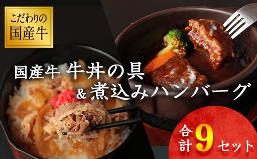 
										
										国産牛 牛丼の具&煮込みハンバーグ 満足の9個セット 《こだわりソースと玉ねぎが旨い簡単惣菜》 湯煎で温めるだけ ／ お取り寄せ 個包装 小分け 国産牛 便利 時短 冷凍 簡単 土産 おかず 惣菜 お肉屋さん お歳暮 ギフト お弁当 子供 キャンプ レストラン 014-D-YL008
									