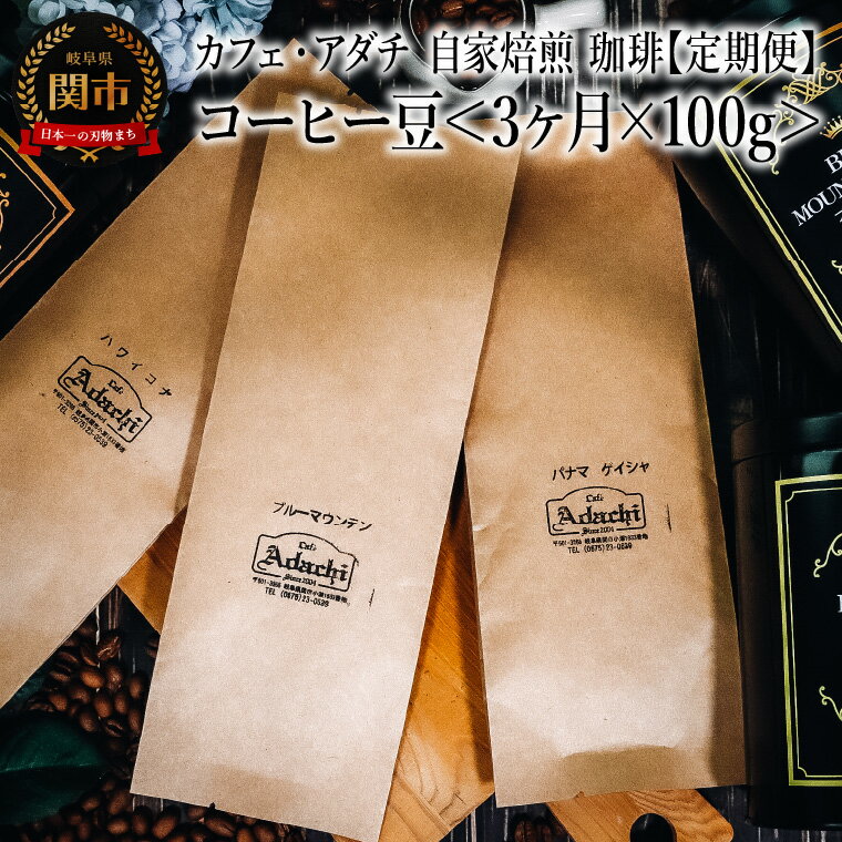 【ふるさと納税】【定期便】 コーヒー豆　 ＜100g×3ヶ月＞　パナマゲイシャ　ブルーマウンテン　ハワイコナ　100g （約10杯分）×3回　毎月異なるコーヒー豆をお届け　～ カフェ・アダチ 自家焙煎 珈琲 粉にもできます