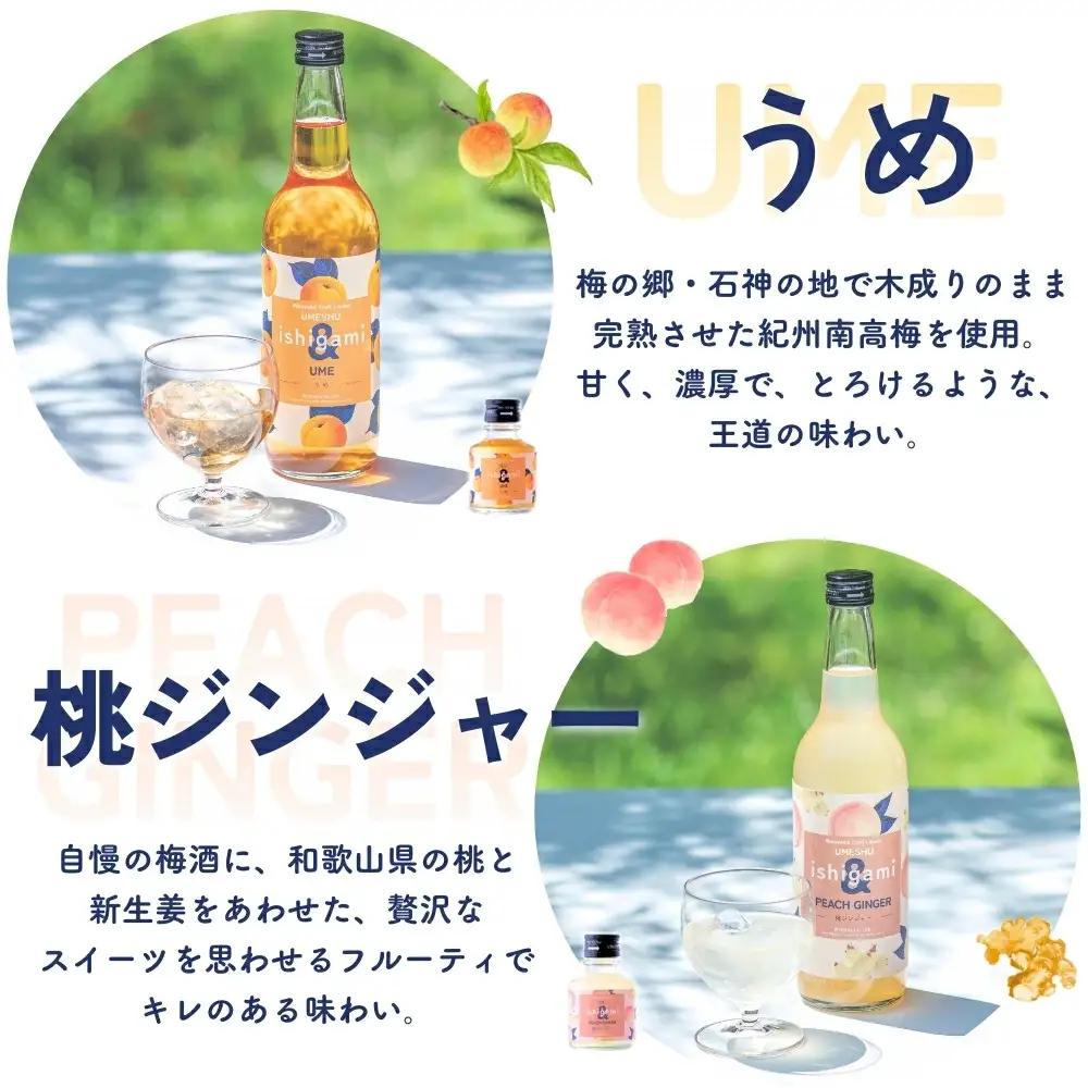 梅酒ishigami&（イシガミアンド）うめ 桃ジンジャー 2本セット / 田辺市 梅干し 梅干 梅 うめ 梅ジュース 炭酸割り 紀州産 南高梅 完熟梅 フルーツ 桃 ジンジャー【isg038-1】