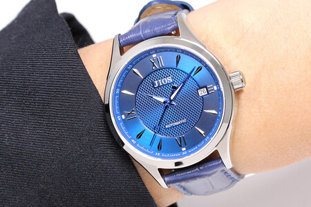 JIOS SEIRAN 日本製 自動巻き腕時計 メンズ 男性用 革ベルト ブランド ドレスウォッチ ジオス ブルー文字盤 × 青針 クロコ型押しベルト（青）