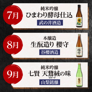 【12ヵ月定期便】集え！日本酒ラバー！北杜市蔵元　日本酒　計12本定期便　各月1本お届け！ 日本酒 12ヶ月 定期便 720ml 12本 各月1本 飲み比べ 純米吟醸 純米酒 七賢 生酛造り 本醸造 