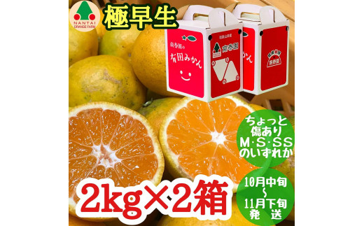 
                  ちょっと 傷あり 極早生 有田 みかん M～SS サイズ 2kg × 2箱 手さげ箱 南泰園 和歌山 有田みかん
                