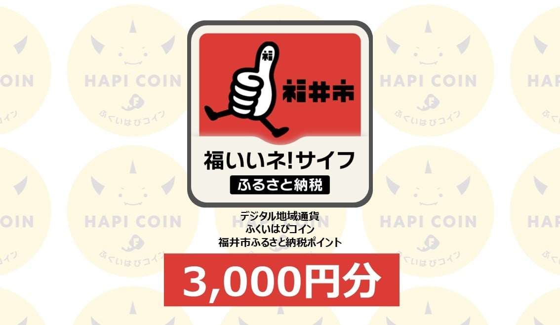 
            「ふくいはぴコイン」福井市ふるさと納税ポイント【3,000円分】 [A-198001] / 選べる金額 デジタル地域通貨 ホテル 観光 レジャー PAY アプリ オンライン キャッシュレス スマホ ポイント スマホ 便利 簡単 デジタル 支払い 地域通貨 送料無料
          
