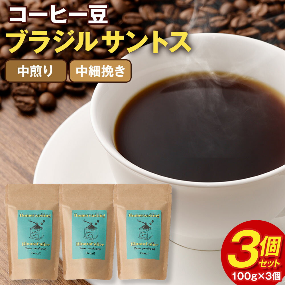 【ふるさと納税】コーヒー豆 3個セット (100g×3個) 合計300g ブラジル サントス 中煎り 中細挽き ミディアムロースト ギフトBOX付き コーヒー 珈琲 自家焙煎 ひなた珈琲 幸田町 送料無料