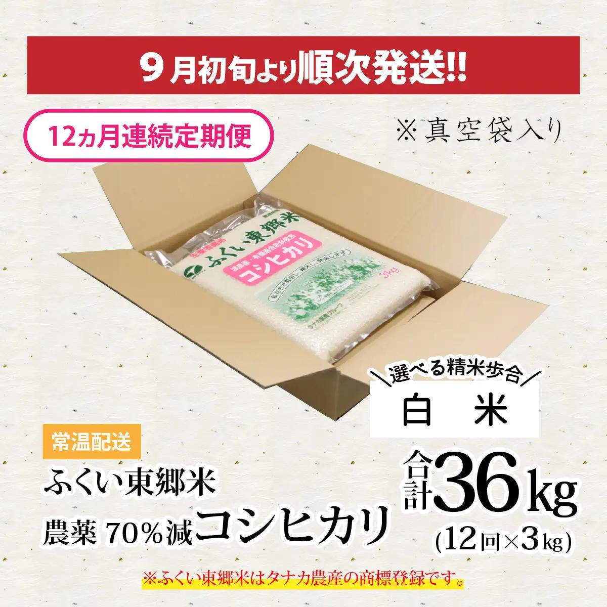 【先行予約】【白米】【定期便12ヶ月連続】令和8年産 新米 ふくい東郷米 特別栽培米 農薬70％減 コシヒカリ 3kg×12ヶ月 合計36kg[J-020024_01]