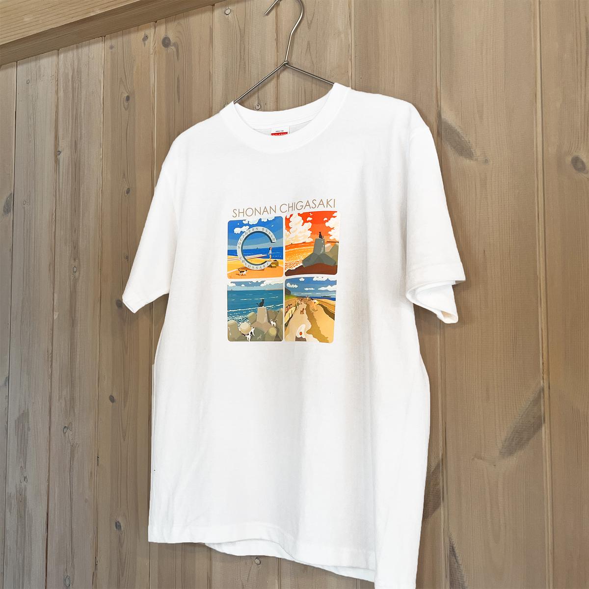湘南・茅ヶ崎で描く、海を感じるイラストアート 『湘南ランドスケープ：Tシャツ』 風景 犬 猫 景色 デザイン ビーチ 海辺 サザンC